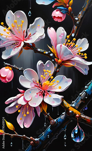 Art oil painting  blooming sakura with dew drops in the rain on a black background  Vector illustration  art illustration for interior decoration  background for smartphones 