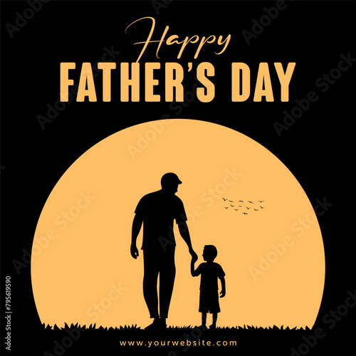 Happy Fathers day dad and son beautiful silhouette sunset scene poster design vector. © Pobitro