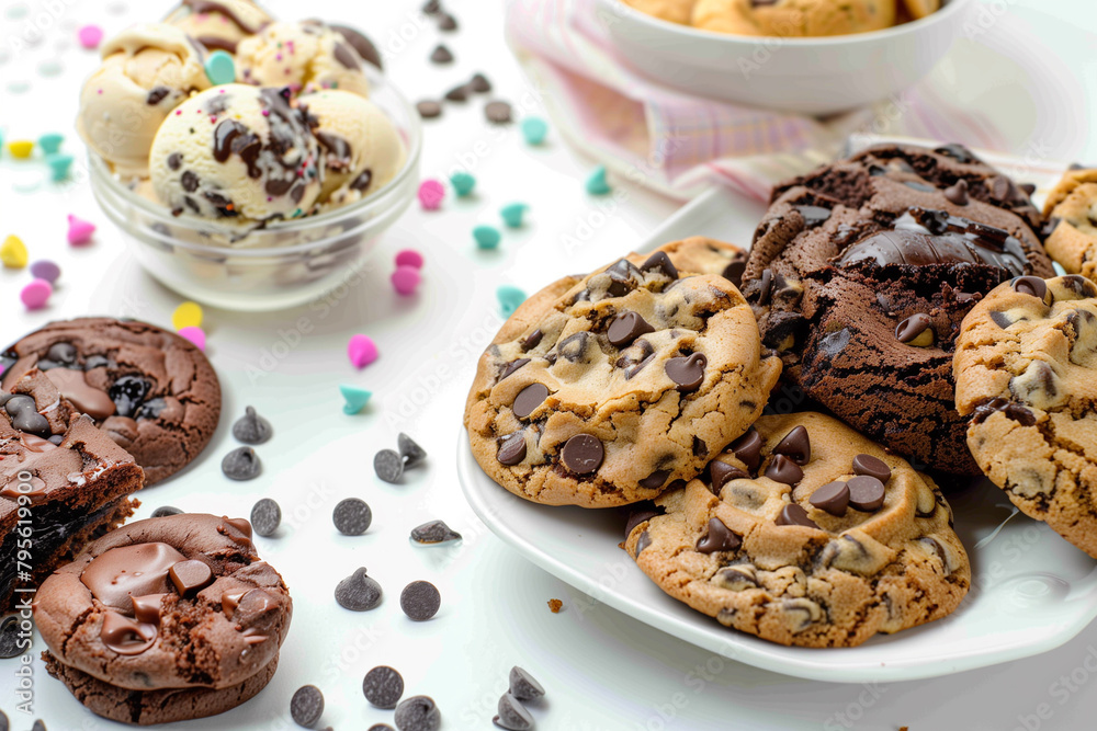 A celebratory spread of various cookies and a bowl of ice cream sprinkled with chocolate chips, against a white background dotted with colorful confetti A celebratory spread of various cookies and a bowl of ice cream sprinkled with chocolate chips, against a white background dotted with colorful confetti
