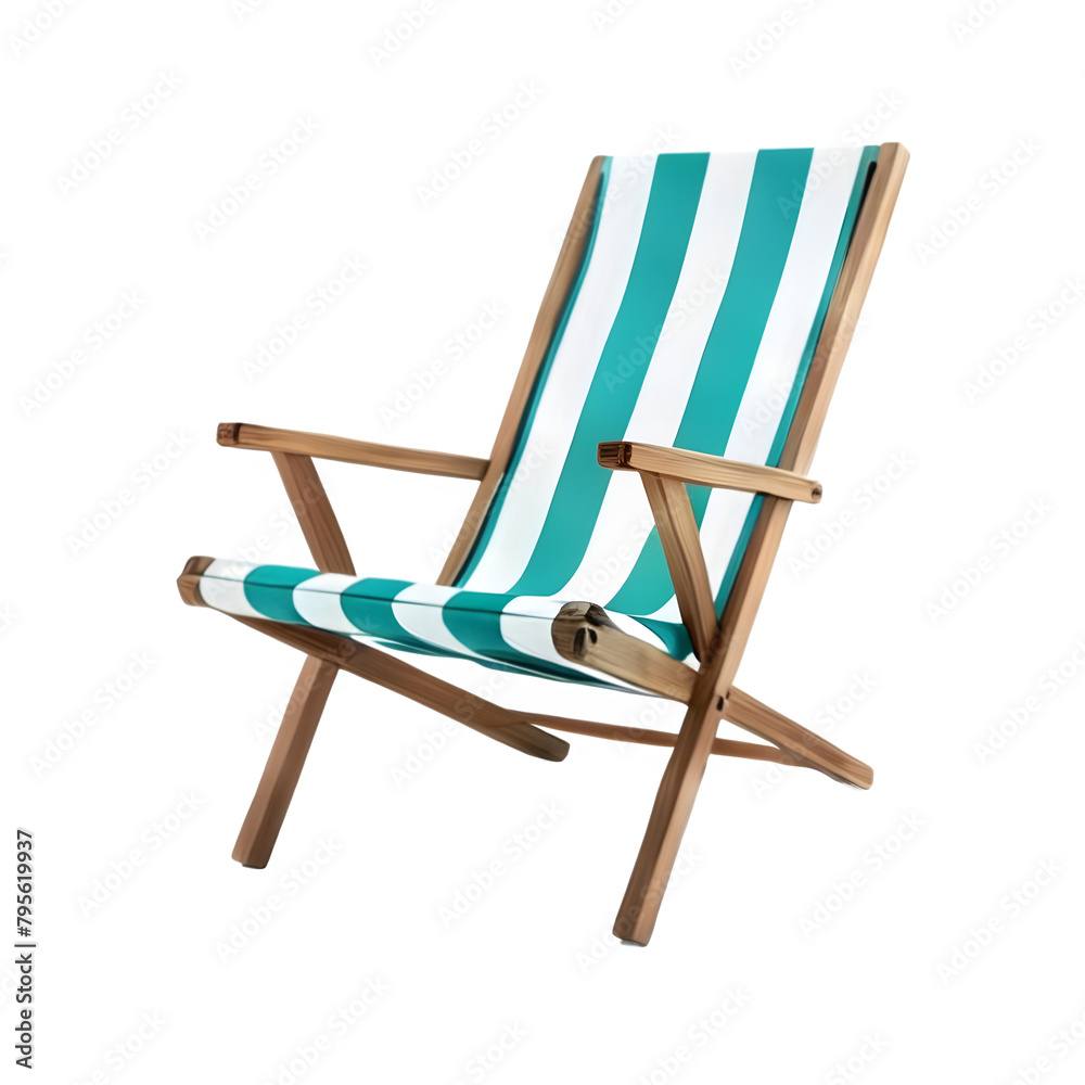 Turquoise and white striped deck chair with a foldable wooden frame, Transparent Background, PNG Format