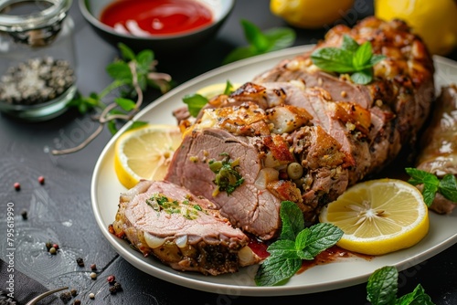 Leg of lamb sliced with stuffing on serving platter with mint, lemon slices, and sauce on the side.