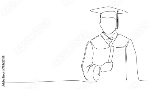 Graduated guy one line continuous. Line art graduated man. Hand drawn vector art.