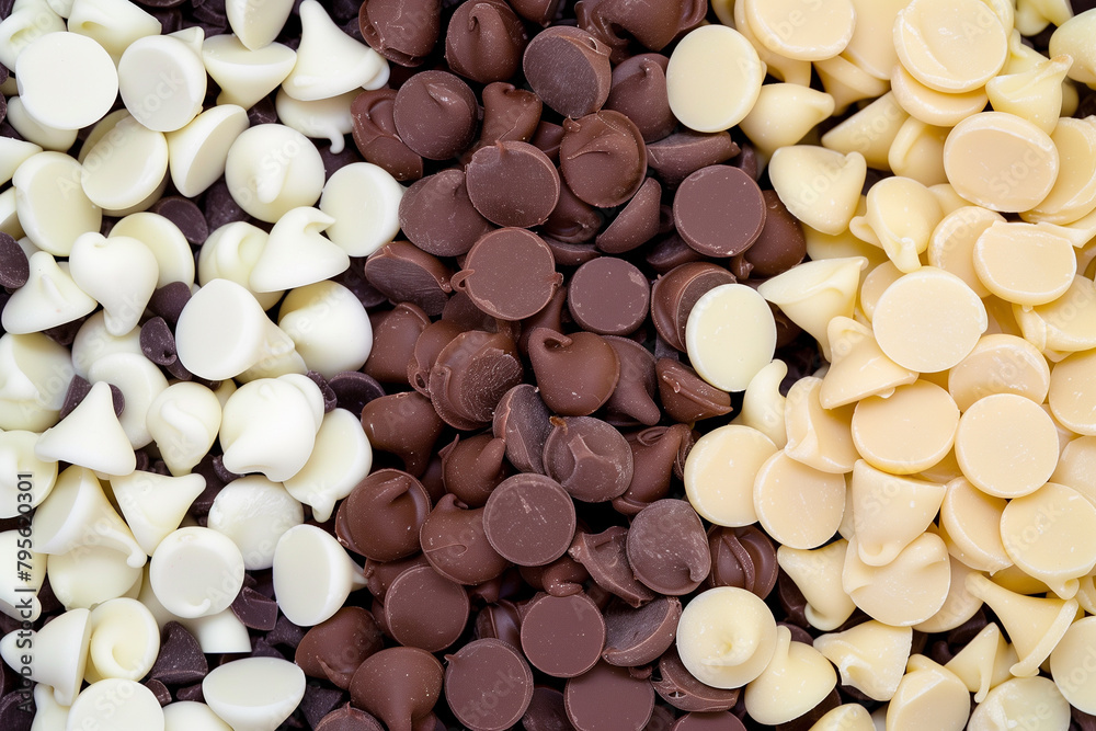 A textured top view of an intermingled array of white, milk, and dark chocolate chips, creating a mosaic of culinary contrasts A textured top view of an intermingled array of white, milk, and dark chocolate chips, creating a mosaic of culinary contrasts