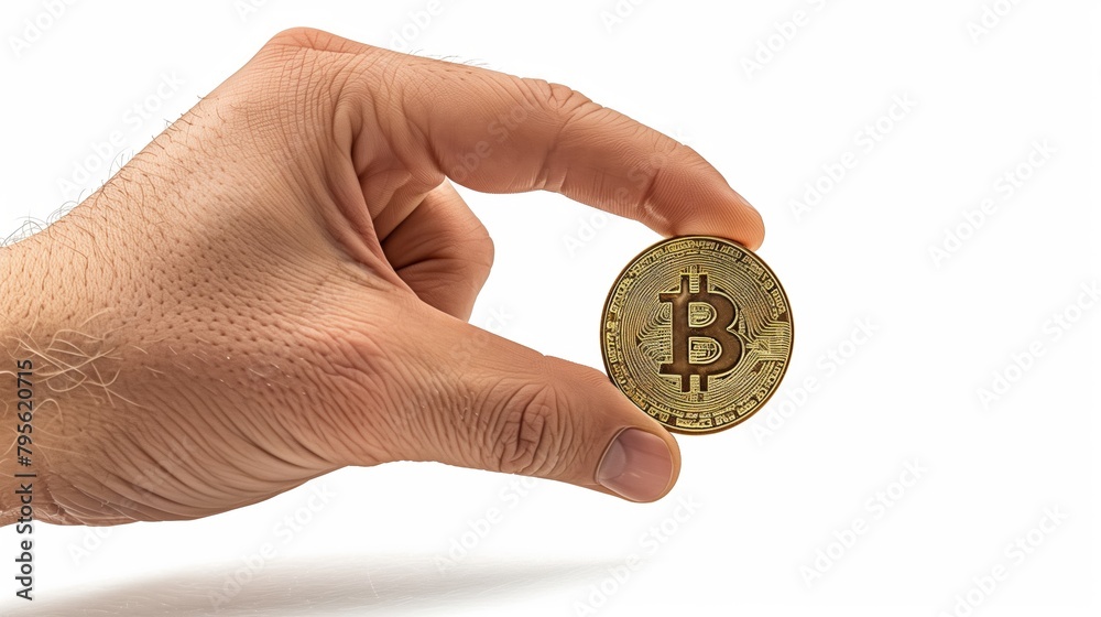 Hand Holding a Big Golden Bitcoin, Future Digital Money Currency Concept, White Background Hand Holding a Big Golden Bitcoin, Future Digital Money Currency Concept, White Background