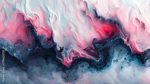   An abstract painting in pink, blue, and white hues against a black-and-white backdrop features a distinct red spot at its core photo