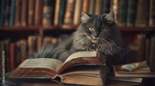 World Book Day, a cat surrounded by books, playfully pretending to read, capturing the joy of literature.