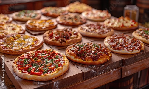 Variety of pizza with various fillings presented on a wood tray