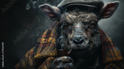   A sheep wearing a hat and scarf holds a pipe in its mouth, not smokes it Sheep do not have the ability to smoke pipes or any other substances photo