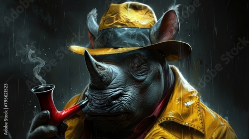   A rhino painting donning a fireman's hat, holding a smoking pipe photo