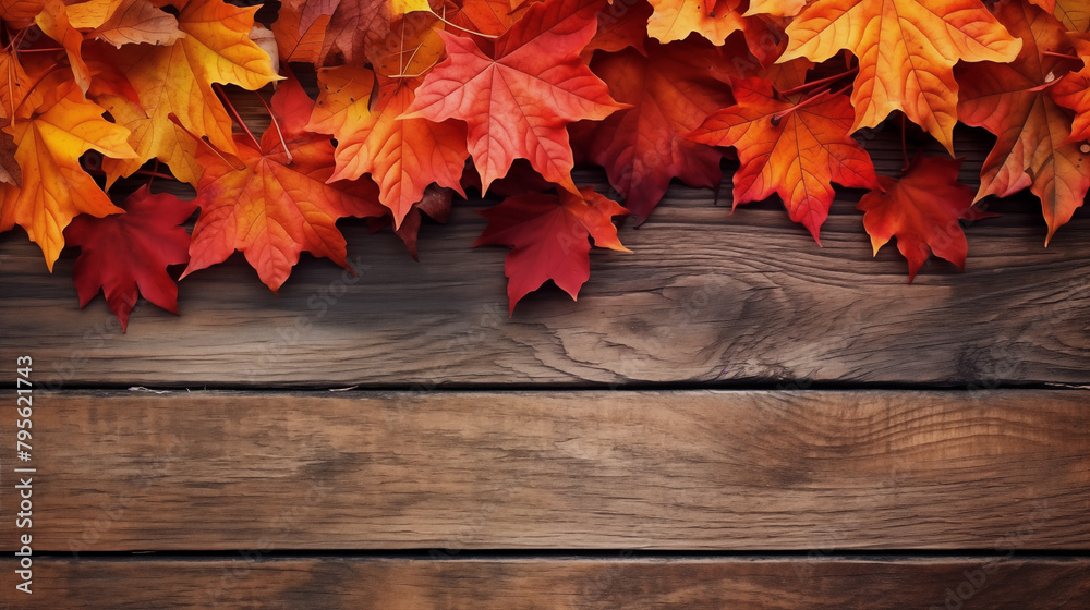 autumn leaves on wooden background, AHappy Thanksgiving card: autumn leaves in rich hues of orange and gold, gently cradled by a rustic wooden surface.