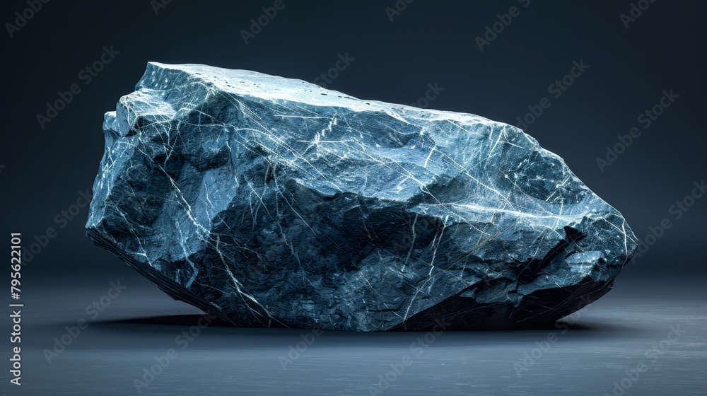   A large, blue rock sits atop a gray floor against a black backdrop, marked by a white line stretching horizontally above