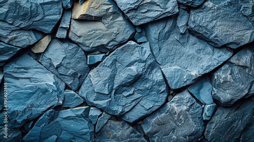 A tight shot of a blue-gray rock wall, with a weathered metal object centered between its layers A tight shot of a blue-gray rock wall, with a weathered metal object centered between its layers