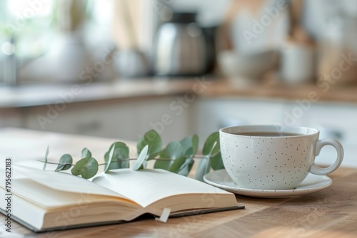Selective focus on open paper notebook and cup of hot tea decorated eucalyptus branch on wooden table on blurred kitchen background. Fresh coffee and empty diary on wood countertop in morning