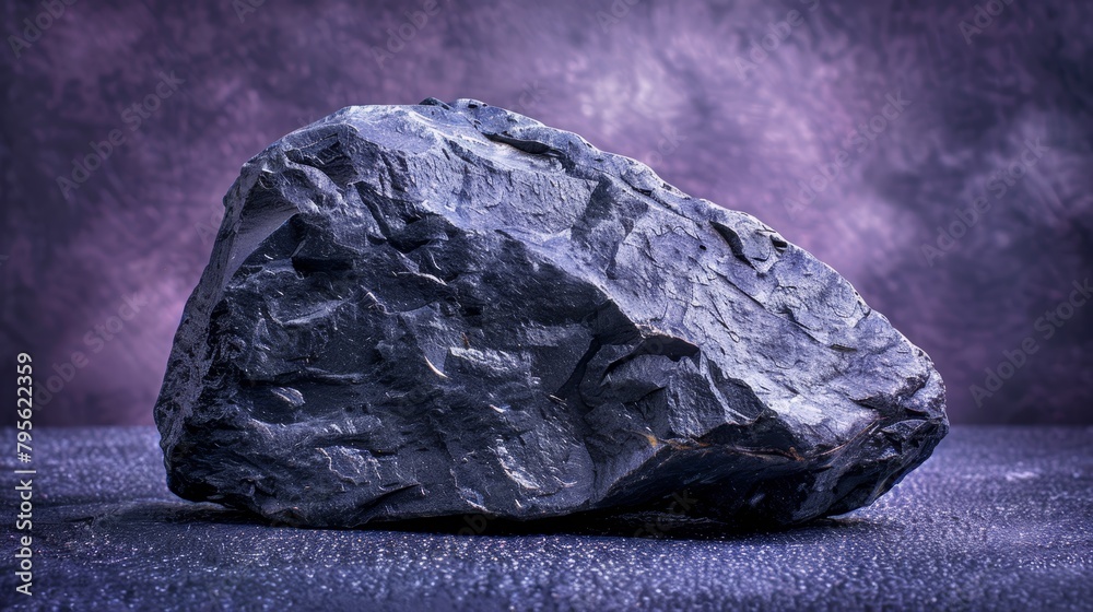   A large rock atop a blue tablecloth-draped table, adjacent to a purple and black wall