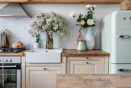 Stylish kitchen with classic interior. Front view on white cabinet with wooden countertop, sink with faucet, electric oven, induction hob, vintage fridge, kitchenware, utensils and flowers in vase