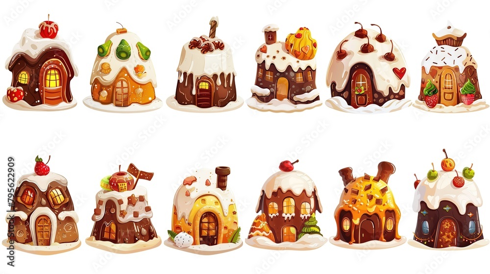 Fototapeta premium cute fairytale cartoon house clipart isolated on white background, pudding cake hut, Generative Ai