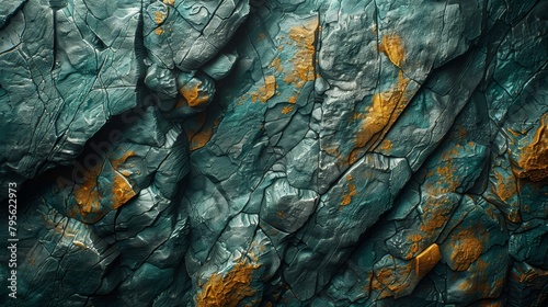   A tight shot of a weathered wooden surface, revealing peeling orange and green paint at its edge photo