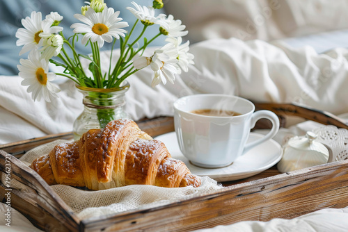 Wooden breakfast tray with morning cup of coffee, fresh croissant and flower in vase serving in bed. Hotel service concepts. Food and drinks. French pastry, sweet dessert and tea in bedroom
