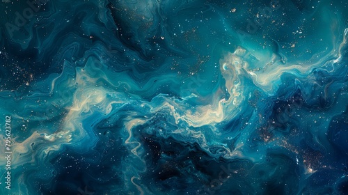   A painting of blue and white swirling patterns against a dark blue backdrop, studded with stars in their centers photo