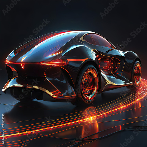 Beautiful futuristic abstract car design with neon lighting on a dark background, illustration for design and advertising, 3D drawing of a transparent car,