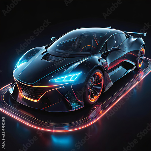 Beautiful futuristic abstract car design with neon lighting on a dark background  illustration for design and advertising  3D drawing of a transparent car 