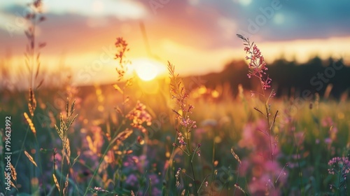 Beautiful countryside landscape with wildflower blooming and high grass nature sunset. AI generated © saifur