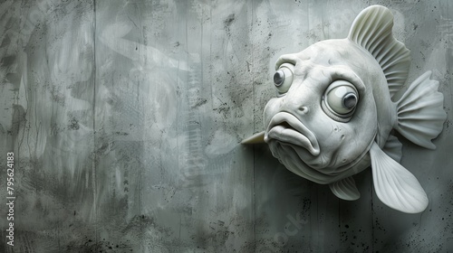   A sculpted fish with a startled expression faces a grimy wall
