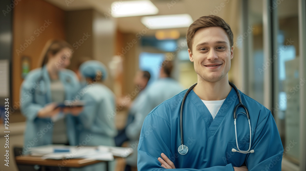 A friendly, young healthcare worker, male nurse smiles in a busy hospital environment, radiating positivity and care.
A friendly, young healthcare worker, male nurse smiles in a busy hospital environment, radiating positivity and care.