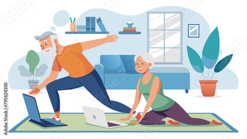  senior stretching exercise woman training lifestyle sport fitness home healthy man couple together pilates gym exercising fit laptop yoga meditation online class instruction, flat simplistic vector