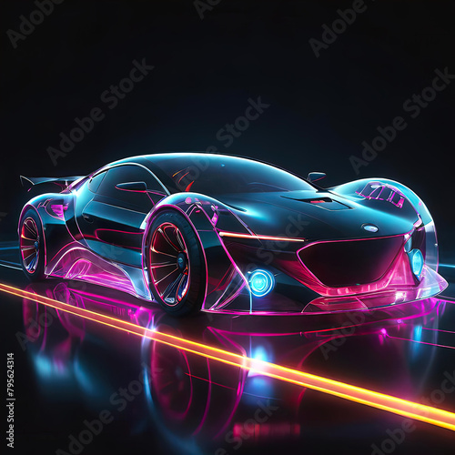 Beautiful futuristic abstract car design with neon lighting on a dark background, illustration for design and advertising, 3D drawing of a transparent car, © Perecciv