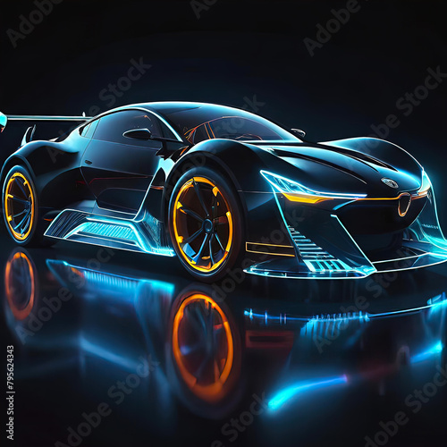 Beautiful futuristic abstract car design with neon lighting on a dark background, illustration for design and advertising, 3D drawing of a transparent car, © Perecciv