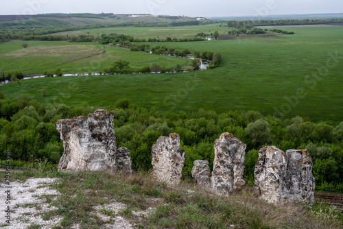 stunning landscapes with chalk cliffs and green meadows in spring in Divnogorye