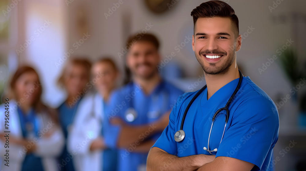 A friendly, young healthcare worker, male nurse smiles in a busy hospital environment, radiating positivity and care.
A friendly, young healthcare worker, male nurse smiles in a busy hospital environment, radiating positivity and care.