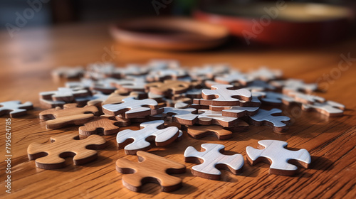 jigsaw puzzle pieces, A macro view of anincomplete puzzle: scattered pieces on a wooden table, inviting curiosity and patience.