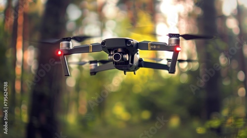 Modern small drone with camera flying the air in nature blur background. AI generated image