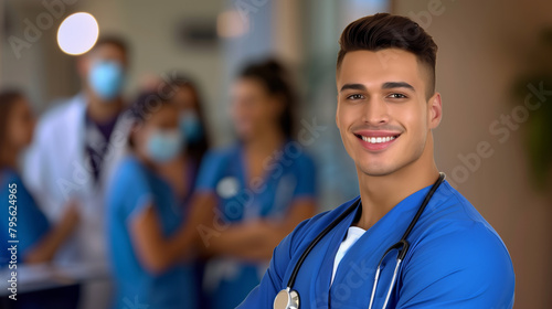 A friendly  young healthcare worker  male nurse smiles in a busy hospital environment  radiating positivity and care.  