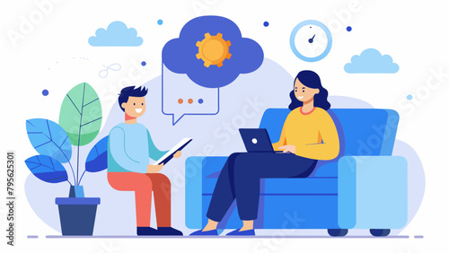 A person sitting on a thes couch describing their dream experience while their the takes notes and adjusts the neurotechnology device for optimal.