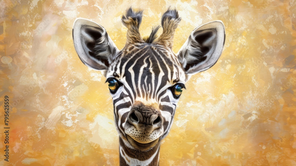 Obraz premium A painting of a giraffe's head against a yellow background
