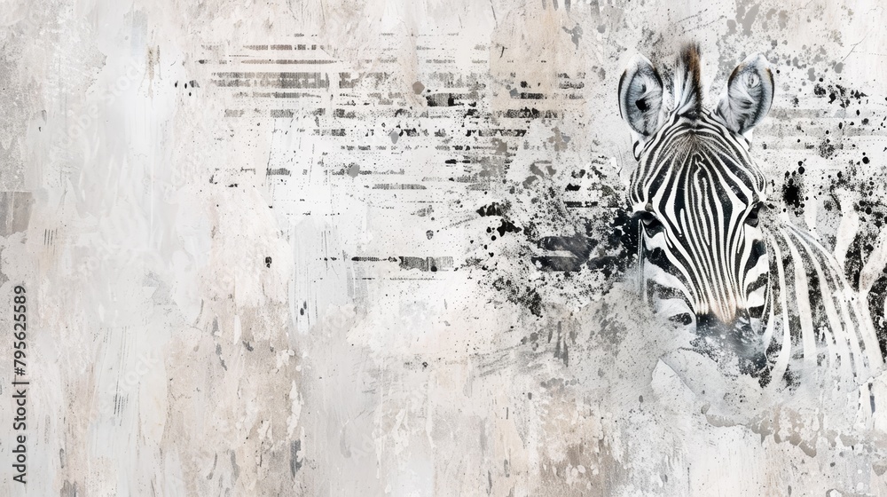 Obraz premium A zebra facing a wall with paint splatters on its forehead and hindhead