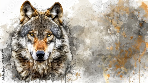   A painting of a wolf's head against a white and gray background featuring a brown spot as its distinct marker
