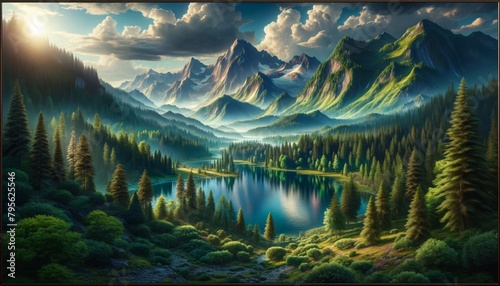 A serene natural artwork includes a lush forest and calm lake.