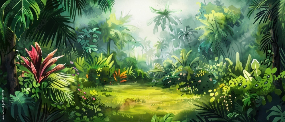 A lush green jungle with a path through it. The path is surrounded by trees and plants, and there are a few flowers scattered throughout the scene