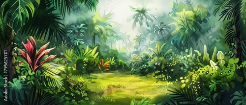 A lush green jungle with a path through it. The path is surrounded by trees and plants, and there are a few flowers scattered throughout the scene