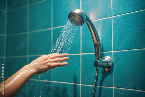 Woman's hand under water jet from shower head, close-up, bathroom with blue tiles on wall, Film grain effect