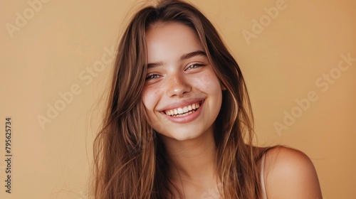 Portrait happy smiling beautiful young woman model with long hair on beige background. AI generated © saifur