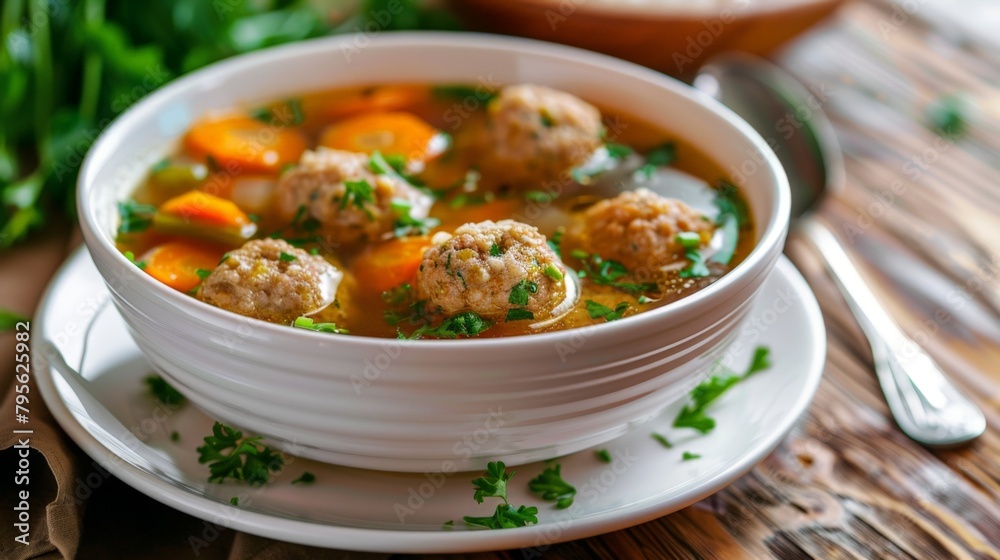 Bowl of soup with meatballs and carrots