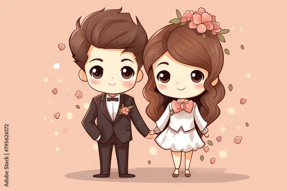 A cartoon image of a man and woman, dressed for a wedding. The man is wearing a black tuxedo with a white rose boutonniere. The woman is wearing a white wedding dress with a pink sash and a pink flowe A cartoon image of a man and woman, dressed for a wedding. The man is wearing a black tuxedo with a white rose boutonniere. The woman is wearing a white wedding dress with a pink sash and a pink flowe