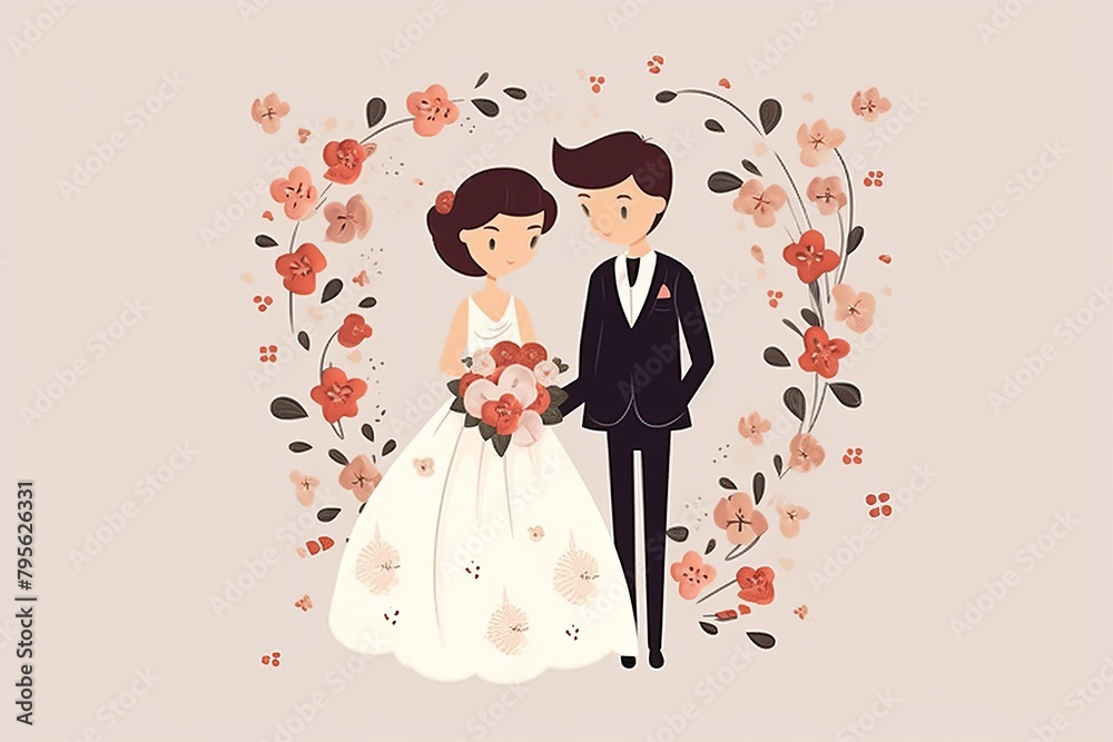 A cartoon bride and groom are standing in front of a pink heart-shaped wreath made of roses. A cartoon bride and groom are standing in front of a pink heart-shaped wreath made of roses.