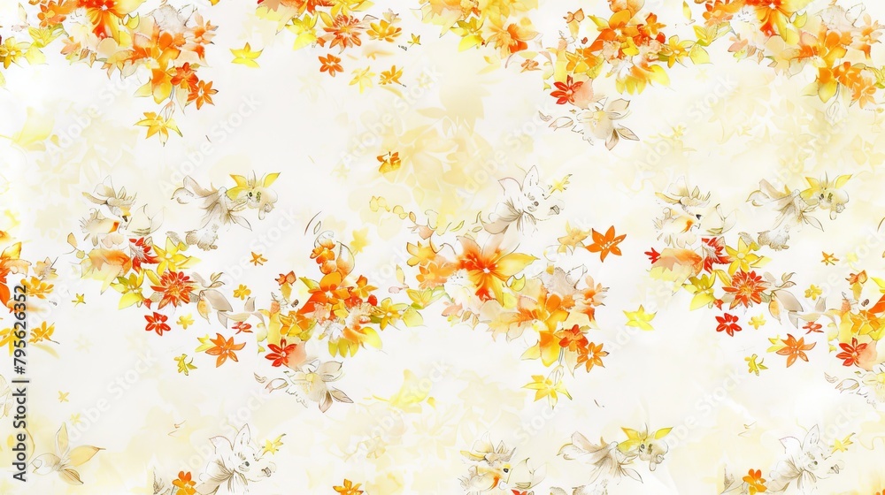   A white background with an abundance of orange and yellow leaves at its base