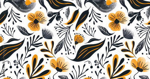  White background with black and orange flowers and leaves